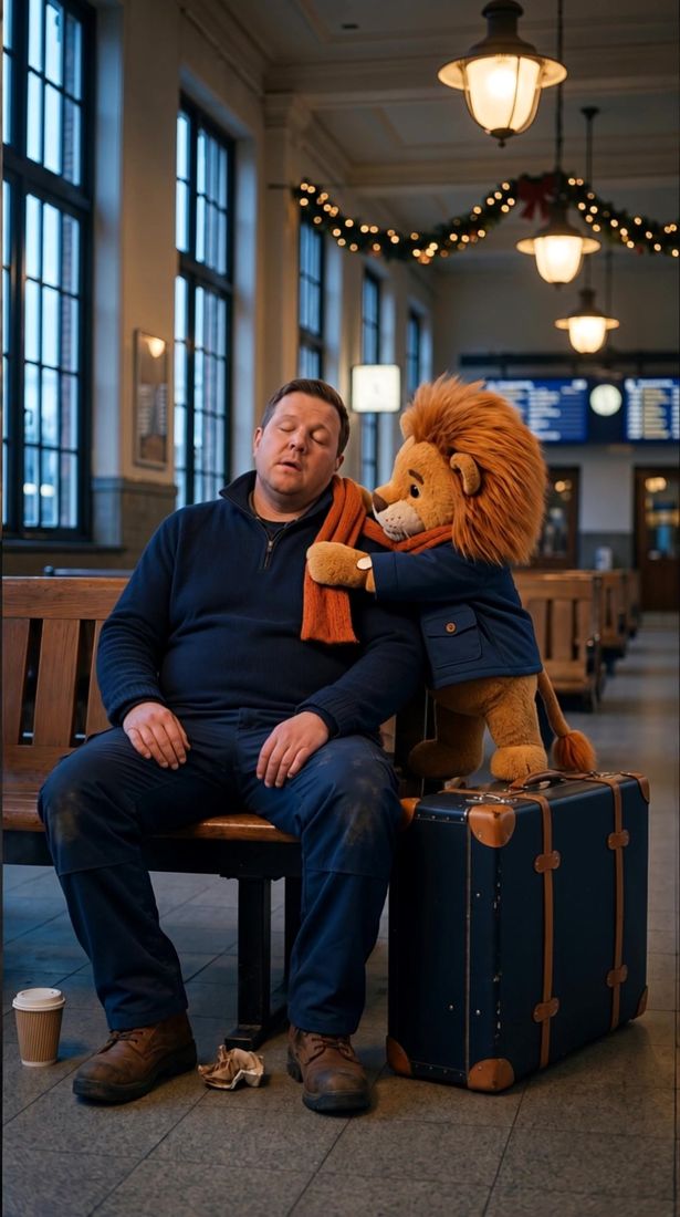 Leo wraps his orange scarf around a worker asleep on a station bench