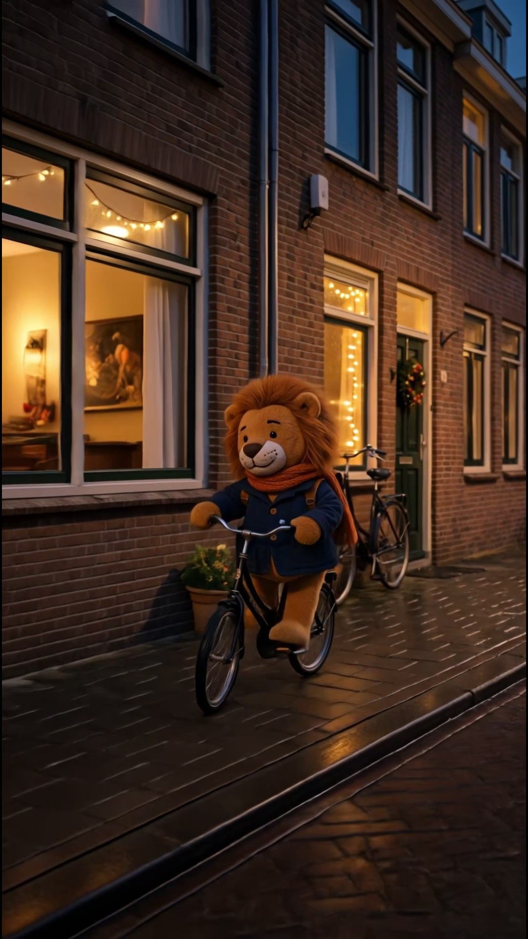 Leo, the orange plush lion, rides his bike down a Dutch street lit for Christmas